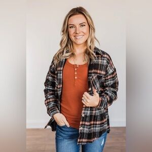 EUC LIKE LOVE PLAID BUTTON DOWN SHACKET WITH 2 FRONT POCKETS